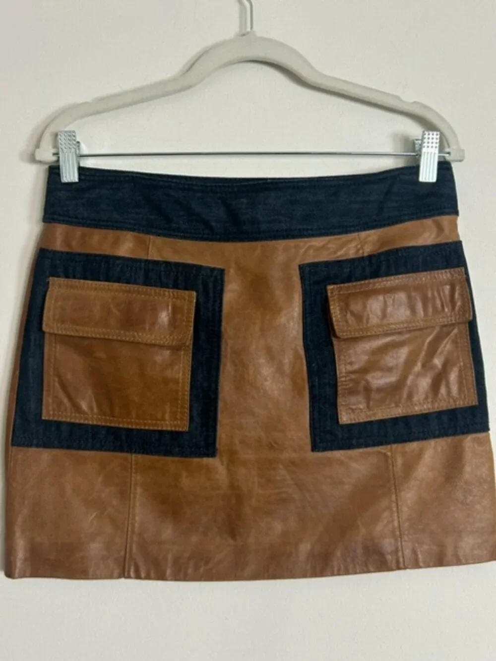 Michael Kors Genuine Leather and Denim Lined Pocket Side Zip Cargo Mini Skirt